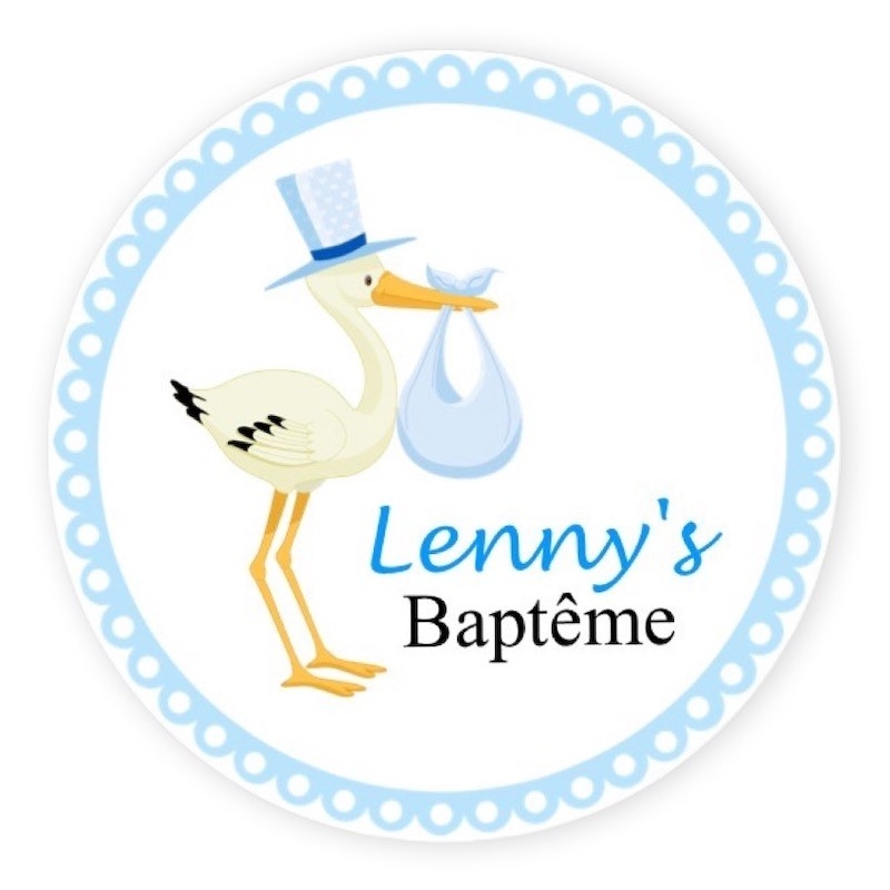 Aufkleber personalisiert Taufe - Storch blau 