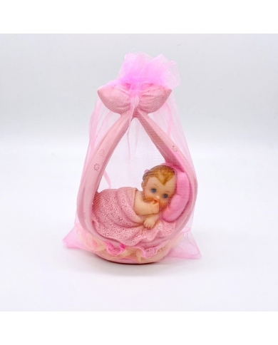 Sachet organza 'Bébé dans linge avec ruban' - rose
