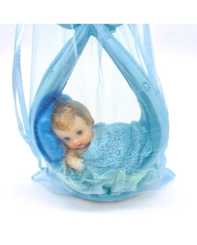 Sachet organza 'Bébé dans linge avec ruban' - bleu