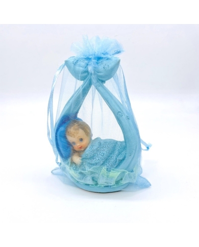 Sachet organza 'Bébé dans linge avec ruban' - bleu