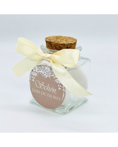 Korkenglas 'Schön dass du da bist - weisse Blumen'