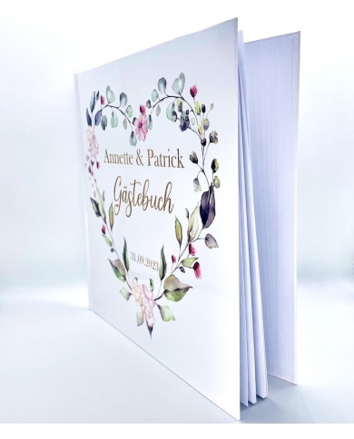 Gästebuch personalisiert - 'Herz mit Blätter und Blumen' - The-Weddingshop