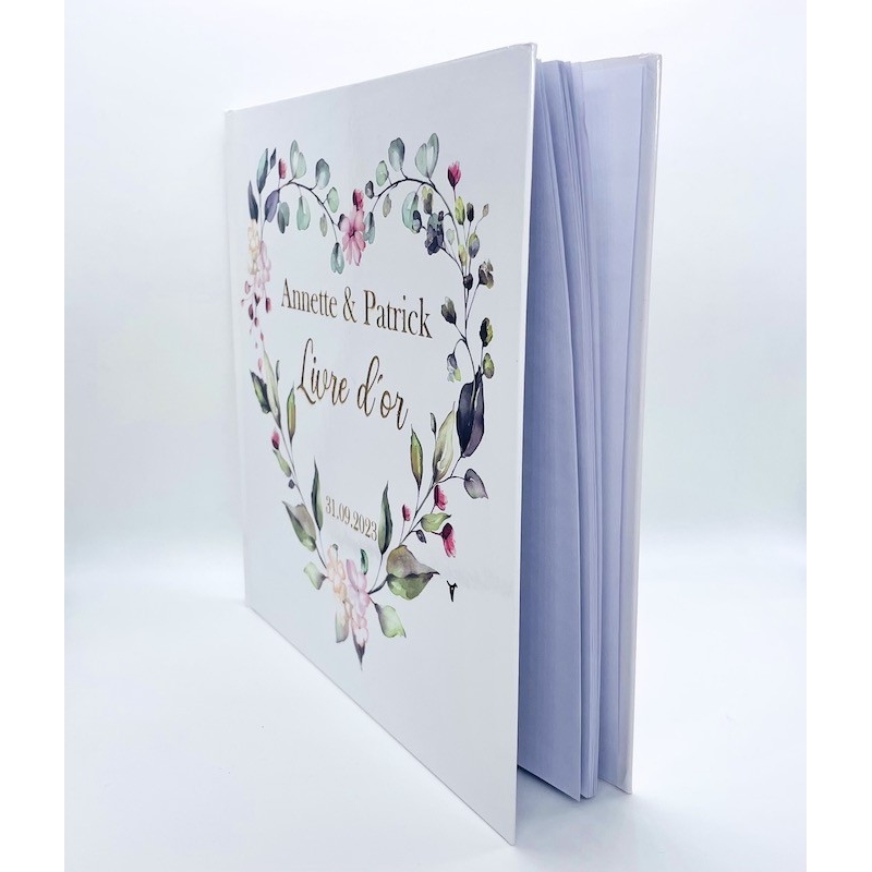 Gästebuch personalisiert - 'Herz mit Blätter und Blumen' - The-Weddingshop