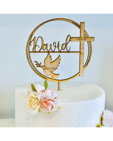 Cake Topper 'Kreuz & Taube' personalisiert - Holz