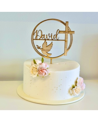 Cake Topper 'Croix & colombe' personnalisé - bois - The-Weddingshop