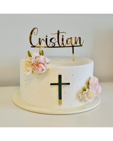 Cake Topper 'Nom & Croix' personnalisé - doré - The-Weddingshop