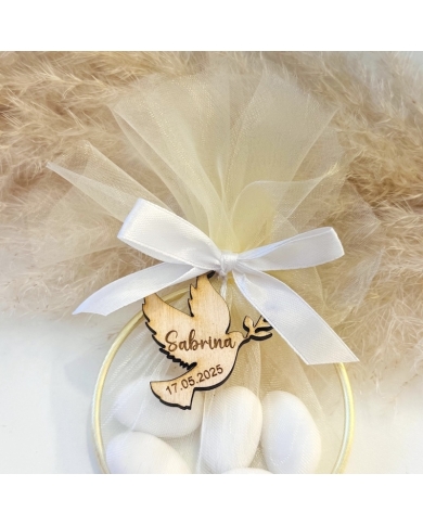 Gastgeschenk mit Tüll & Schleife 'Taube' personalisiert