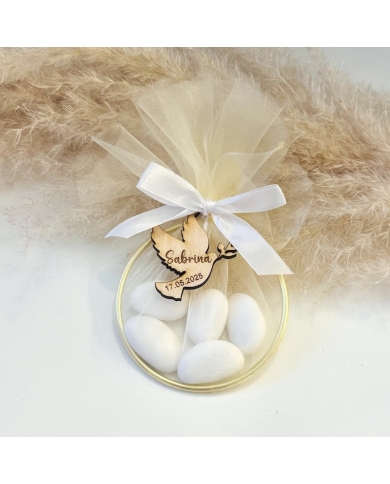 Gastgeschenk mit Tüll & Schleife 'Taube' personalisiert