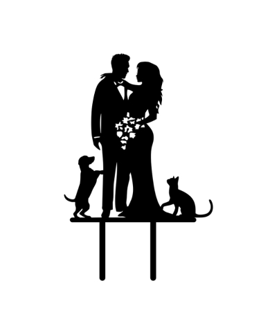 Cake Topper 'Couple de mariés avec petit chien et chat