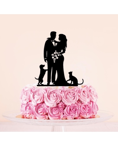 Cake Topper 'Brautpaar mit kleinem Hund & Katze'