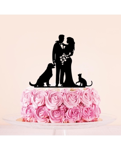 Cake Topper 'Couple de mariés avec grand chien et chat'