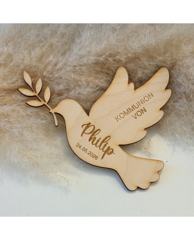 Tischkarte 'Taube' personalisiert mit Name & Datum - Holz