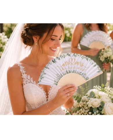 Éventails de mariage avec petits sachets en organza 'Mr & Mrs' - The-Weddingshop