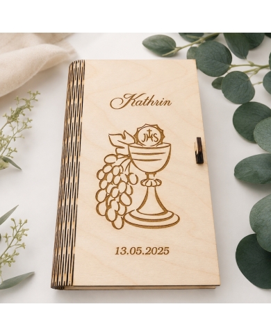 Geldbox 'Buch Kelch' Holz personalisiert
