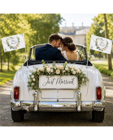 Drapeau voiture 'Just Married' - Fleurs