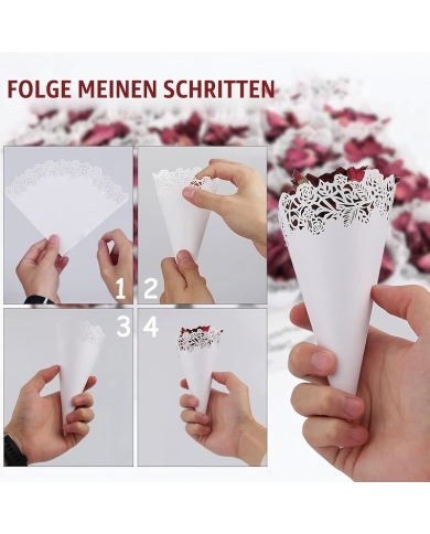 Confettis de mariage aux pétales de rose – 30 cônes & présentoir