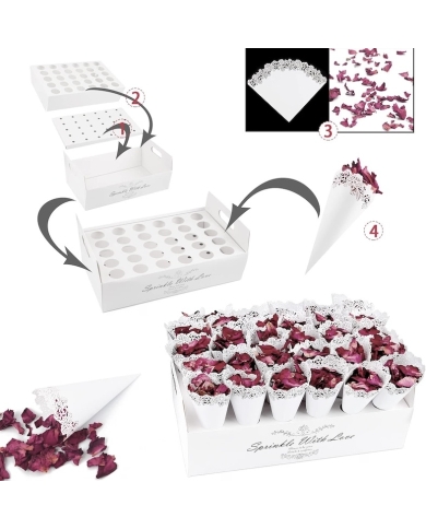 Confettis de mariage aux pétales de rose – 30 cônes & présentoir
