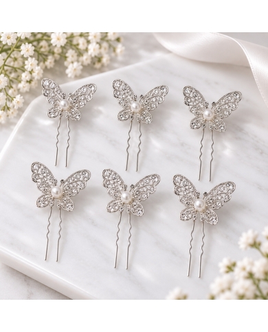 6 Épingles à cheveux 'Papillon avec perle'