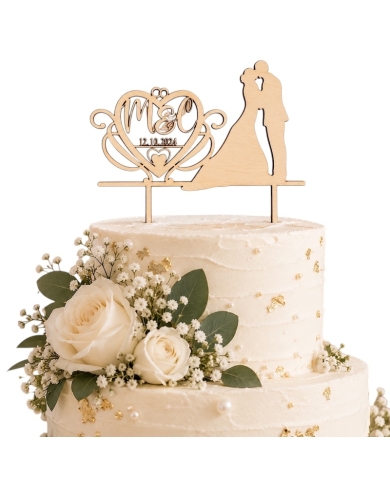 Cake Topper 'Brautpaar mit verschlungenem Herz' personalisiert