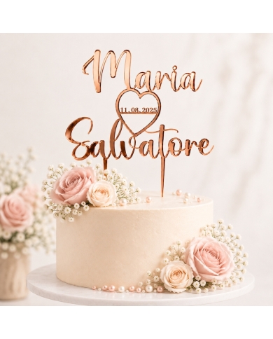 Cake Topper personnalisé 'Prénoms avec cœur' – or rose