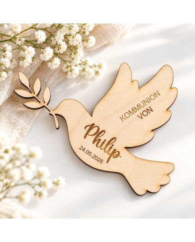 Tischkarte 'Taube' personalisiert mit Name & Datum - Holz