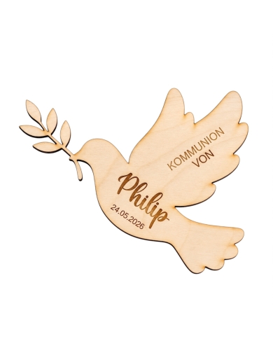 Kommunion - Tischkarte 'Taube' personalisiert mit Name & Datum - Holz - The-Weddingshop